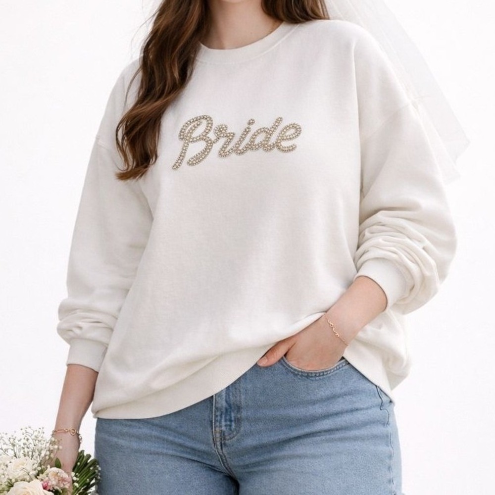 Gildan White Bride Fleece Sweatshirt Crewneck Embellished Pearls Rhinestones XL